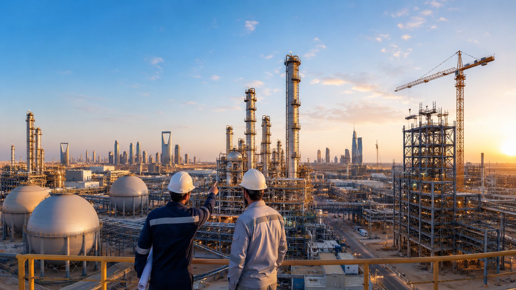 Engineers overlooking an industrial refinery at dusk in Saudi Arabia